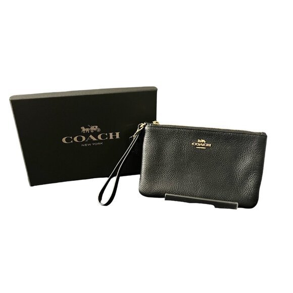 Coach Black Pebble Wristlet With Leather Hang Tag and Gold Hardware - Picture 2 of 12